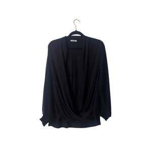 Black Pleione Womens Draped Blouse 1X Polyester With Smocked Cuffs